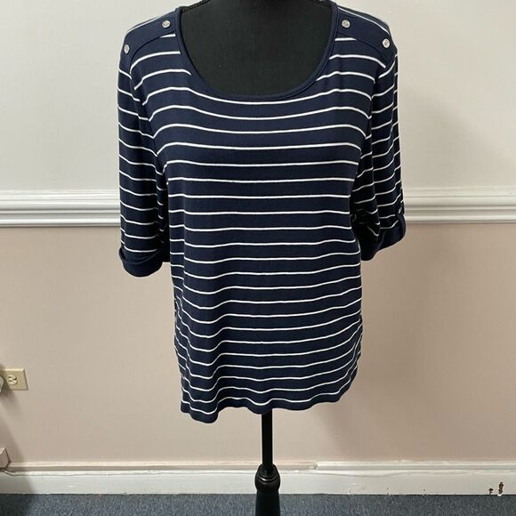Anne Klein Stripe Navy Blouse - Picture 1 of 4